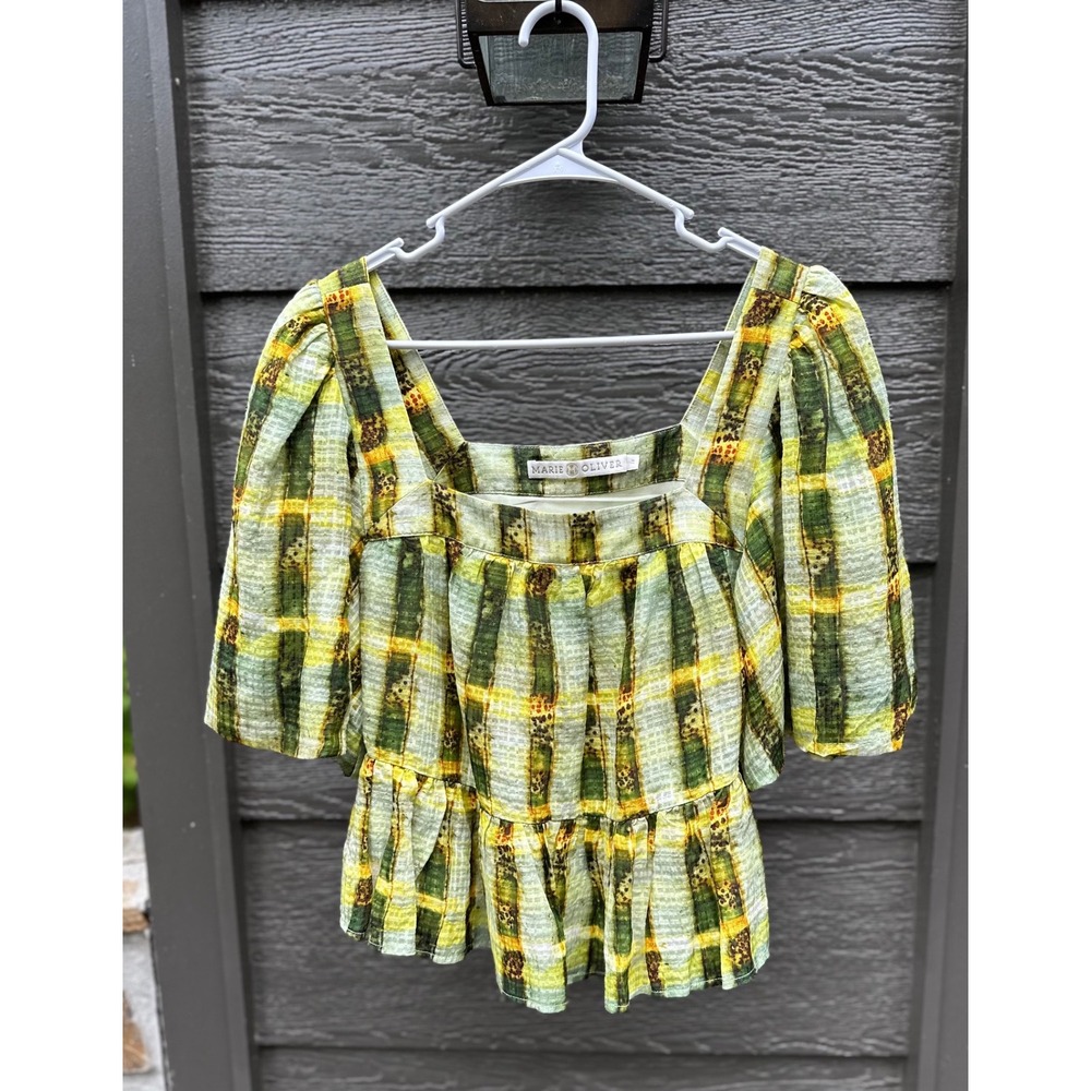 Marie Oliver Kaylee Top Green Yellow Plaid Linen Silk Blend Puff Sleeve Peplum‎